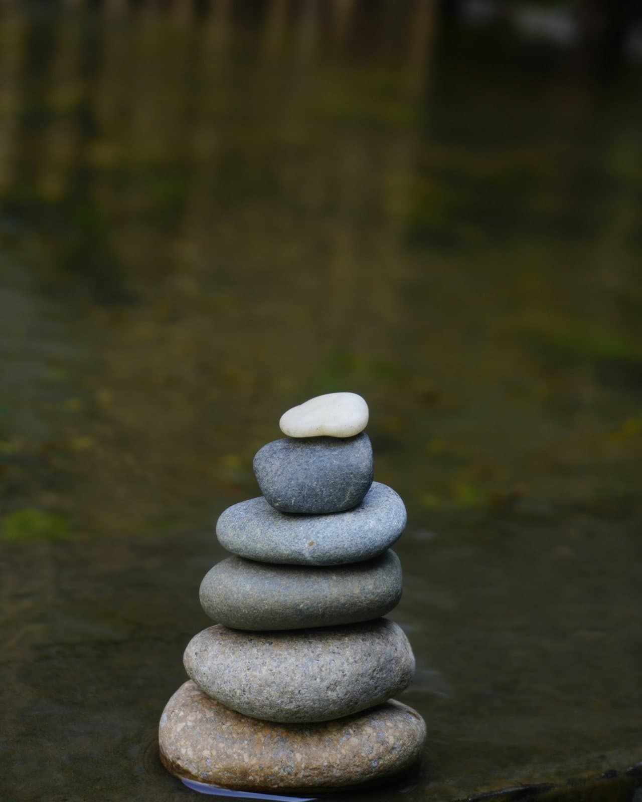 A small cairn — five river stones balanced atop one another — the brand reference for the practice's name.
